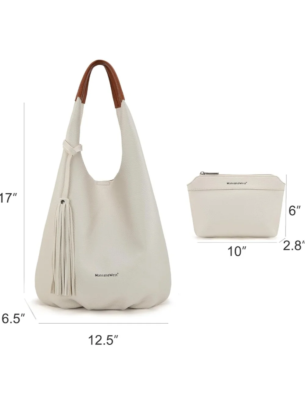 Montana West Cream Hobo Bag with Brown Accent Handle and Pouch